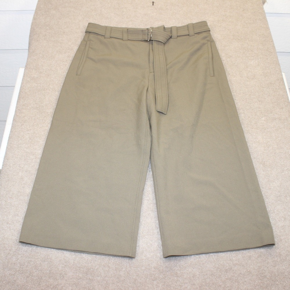 Zara Womens XL Khaki Green Belted Culotte Pants Wide Leg Cropped Trousers